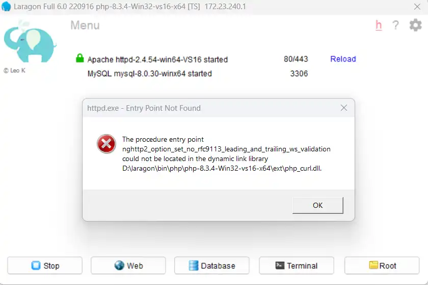 Error httpd.exe  Entry Point Not Found Laragon